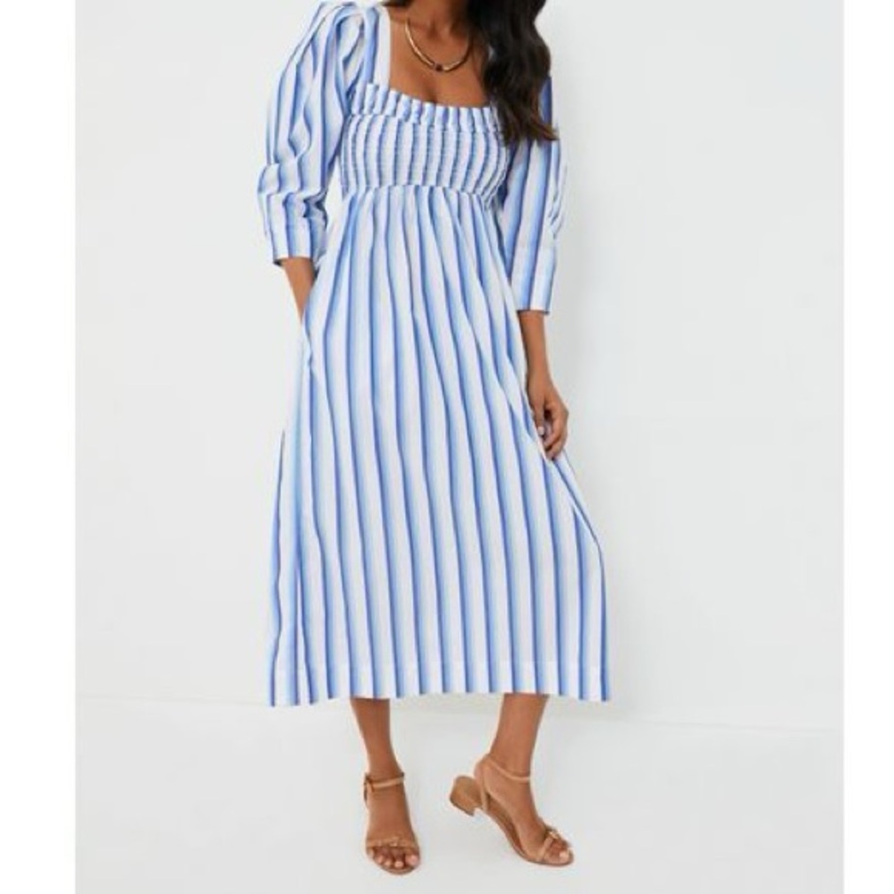 GANNI | Silver Lake Blue Stripe Cotton Open-neck Smock Long Dress